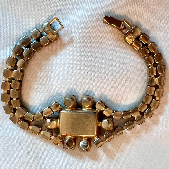 Vintage Necklace Bracelet Set Amber Glass & Rhinestone Rectangular - Picture 15 of 17